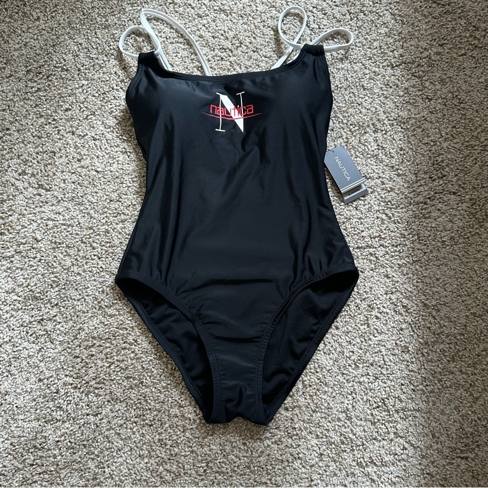 NWT Nautica One Piece Racing Swimsuit Slimming Scrappy Cross Back